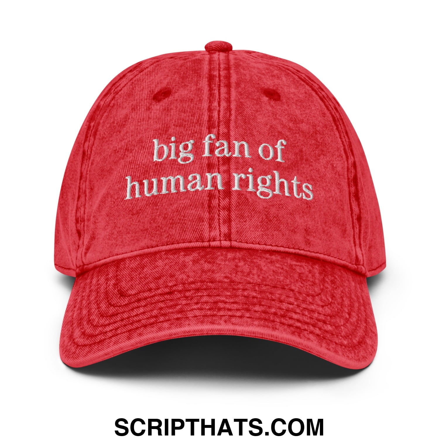 Red distressed denim dad hat with white embroidered text big fan of human rights unstructured baseball cap