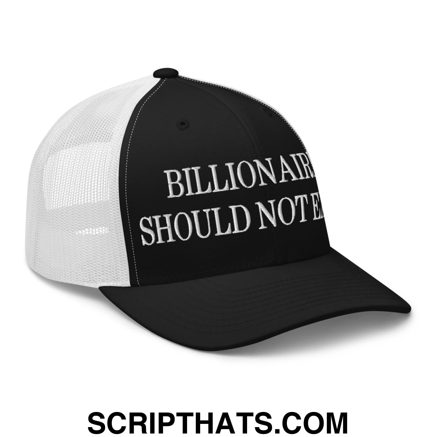Billionaires Should Not Exist Embroidered Mesh Trucker Hat Black White