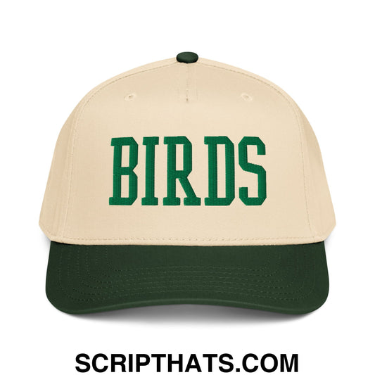 Beige and dark green baseball snapback hat with birds embroidered in bold block lettering for varsity style fans