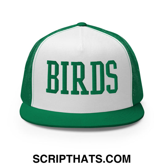 White and green mesh trucker hat with bold embroidered birds lettering and flat bill brim for varsity style