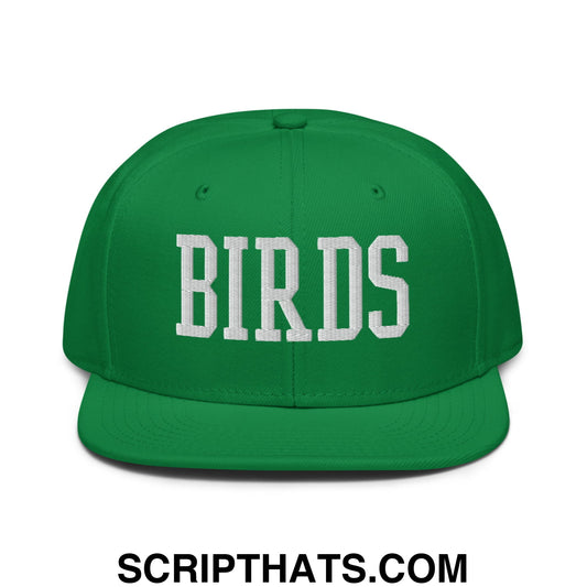 Green snapback cap with white embroidered birds lettering featuring flat bill brim for varsity football style