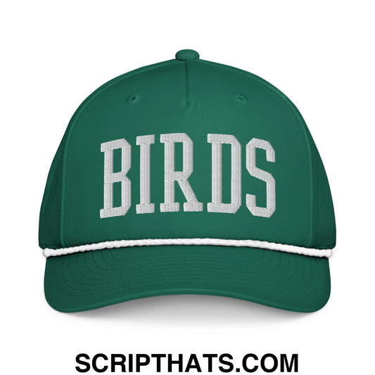 Green baseball cap with white embroidered birds lettering and contrasting stitched brim from birds college varsity hat