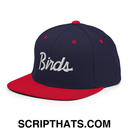 Birds Vintage Sports Script Embroidered Flat Bill Brim Snapback Hat Navy Red