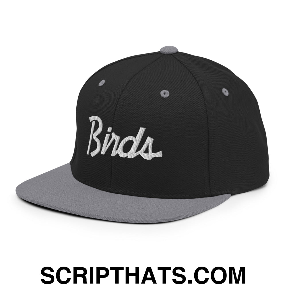 Birds Vintage Sports Script Embroidered Flat Bill Brim Snapback Hat Black Silver