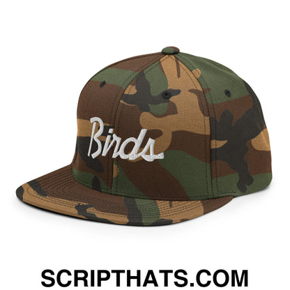 Birds Vintage Sports Script Embroidered Flat Bill Brim Snapback Hat Green Camo
