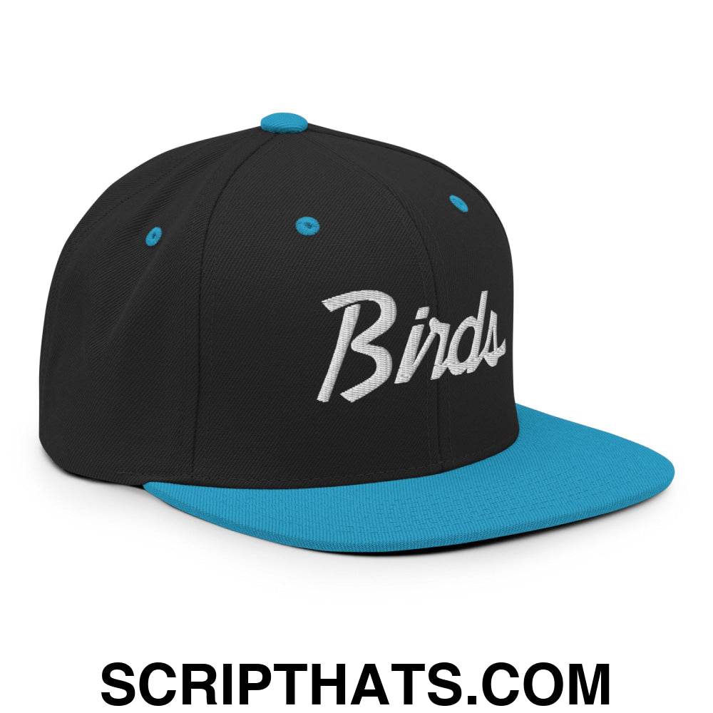 Birds Vintage Sports Script Embroidered Flat Bill Brim Snapback Hat Black Teal