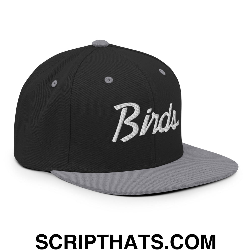 Birds Vintage Sports Script Embroidered Flat Bill Brim Snapback Hat Black Silver