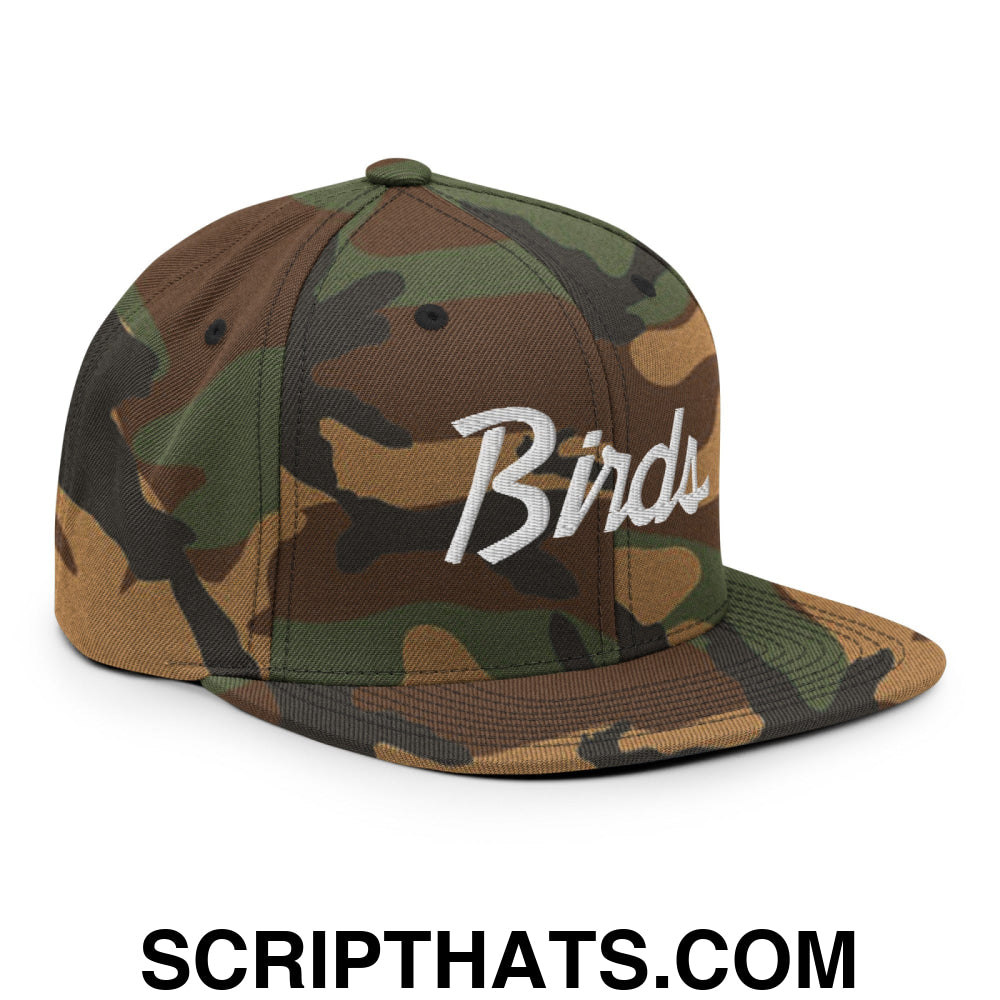 Birds Vintage Sports Script Embroidered Flat Bill Brim Snapback Hat Green Camo