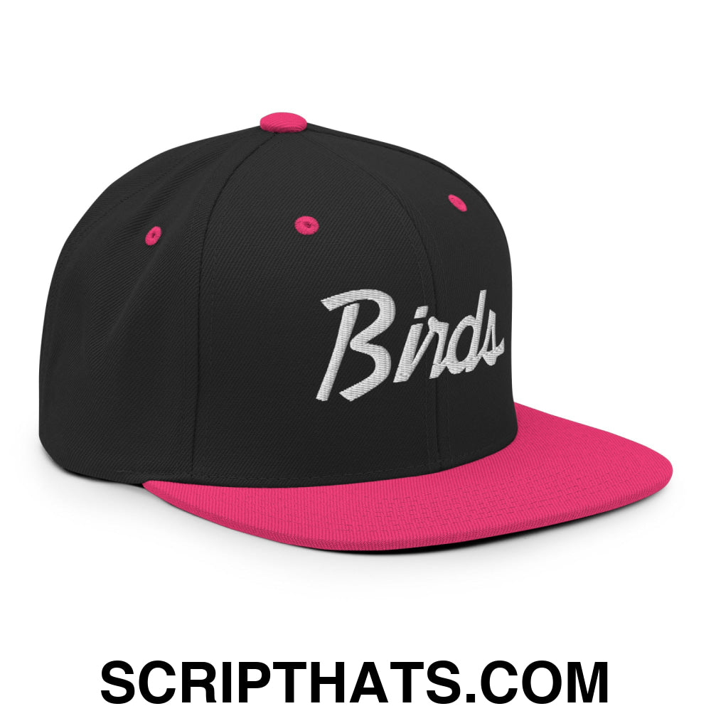 Birds Vintage Sports Script Embroidered Flat Bill Brim Snapback Hat Black Neon Pink