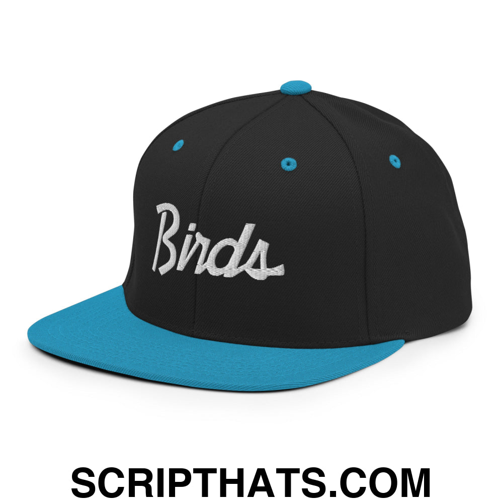Birds Vintage Sports Script Embroidered Flat Bill Brim Snapback Hat Black Teal