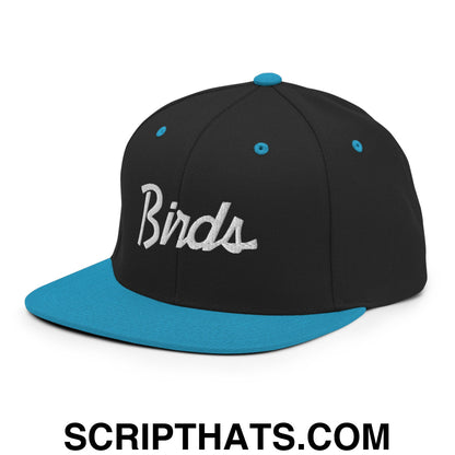 Birds Vintage Sports Script Embroidered Flat Bill Brim Snapback Hat Black Teal
