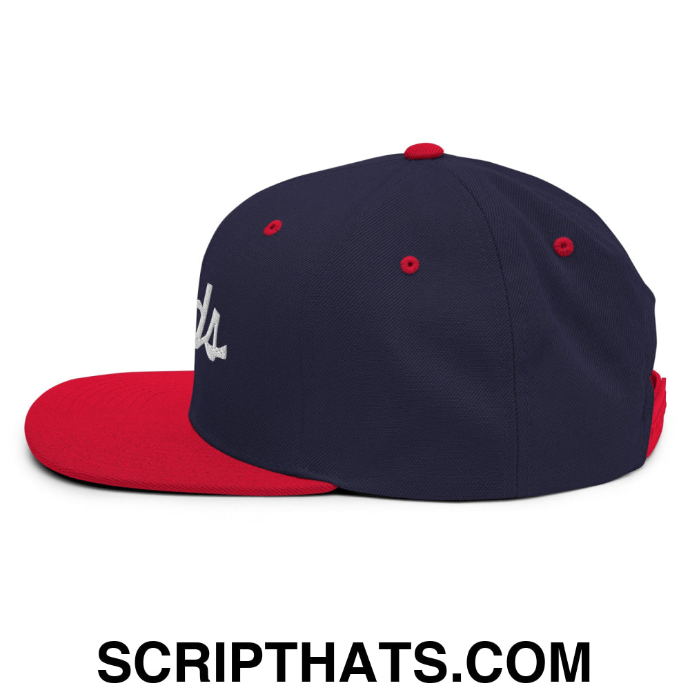 Birds Vintage Sports Script Embroidered Flat Bill Brim Snapback Hat Navy Red