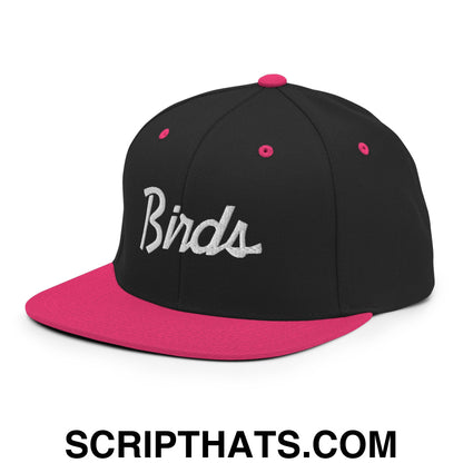 Birds Vintage Sports Script Embroidered Flat Bill Brim Snapback Hat Black Neon Pink