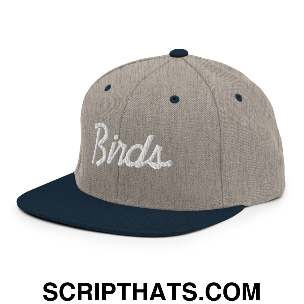 Birds Vintage Sports Script Embroidered Flat Bill Brim Snapback Hat Heather Grey Navy