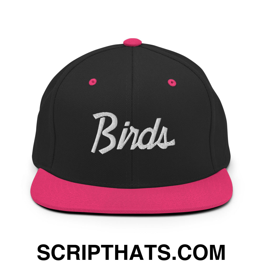 Birds Vintage Sports Script Embroidered Flat Bill Brim Snapback Hat Black Neon Pink