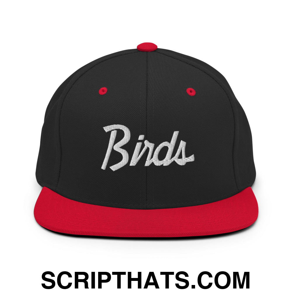Birds Vintage Sports Script Embroidered Flat Bill Brim Snapback Hat Black Red
