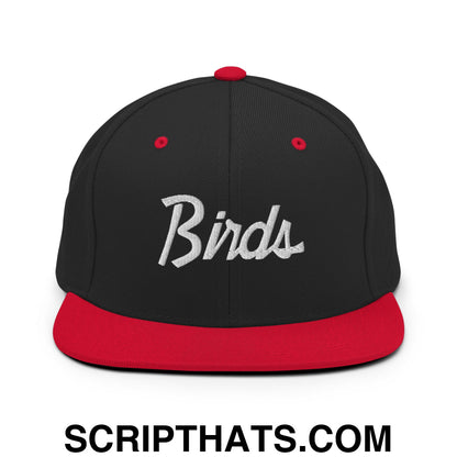 Birds Vintage Sports Script Embroidered Flat Bill Brim Snapback Hat Black Red