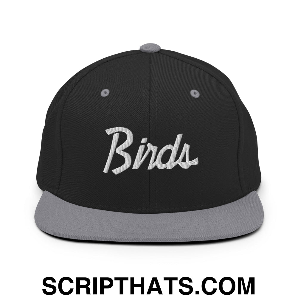Birds Vintage Sports Script Embroidered Flat Bill Brim Snapback Hat Black Silver