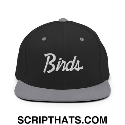 Birds Vintage Sports Script Embroidered Flat Bill Brim Snapback Hat Black Silver
