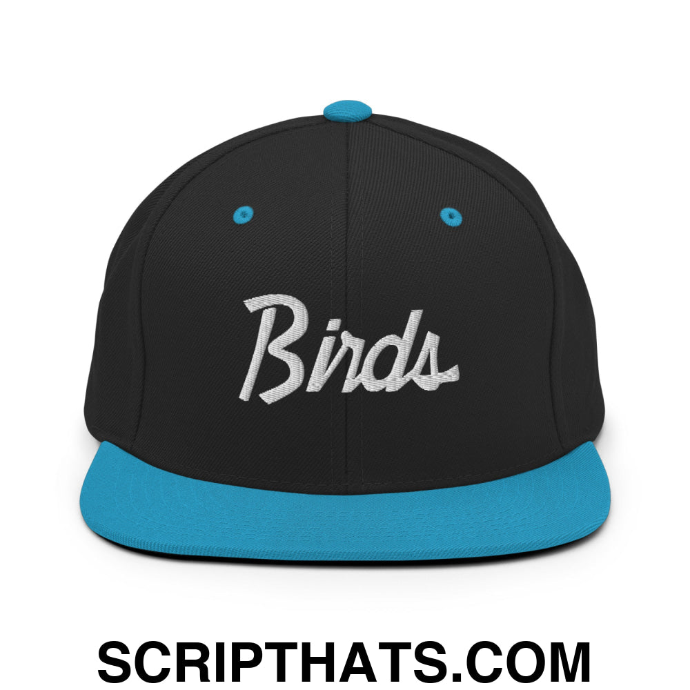 Birds Vintage Sports Script Embroidered Flat Bill Brim Snapback Hat Black Teal