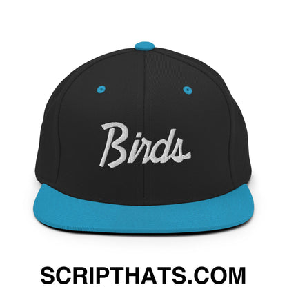 Birds Vintage Sports Script Embroidered Flat Bill Brim Snapback Hat Black Teal
