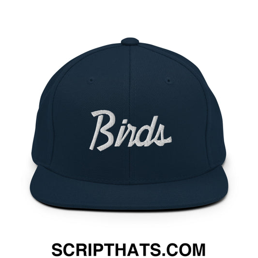 Birds Vintage Sports Script Embroidered Flat Bill Brim Snapback Hat Dark Navy