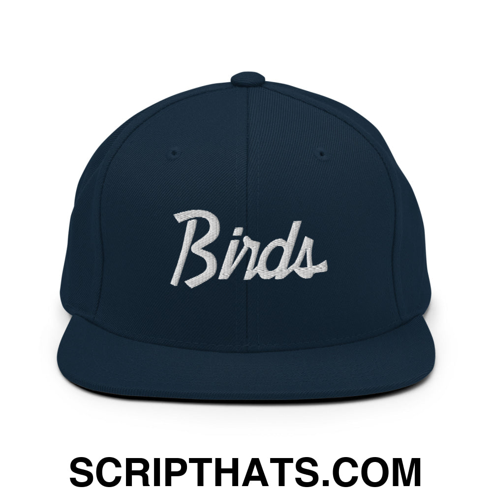 Birds Vintage Sports Script Embroidered Flat Bill Brim Snapback Hat Dark Navy