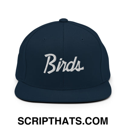 Birds Vintage Sports Script Embroidered Flat Bill Brim Snapback Hat Dark Navy