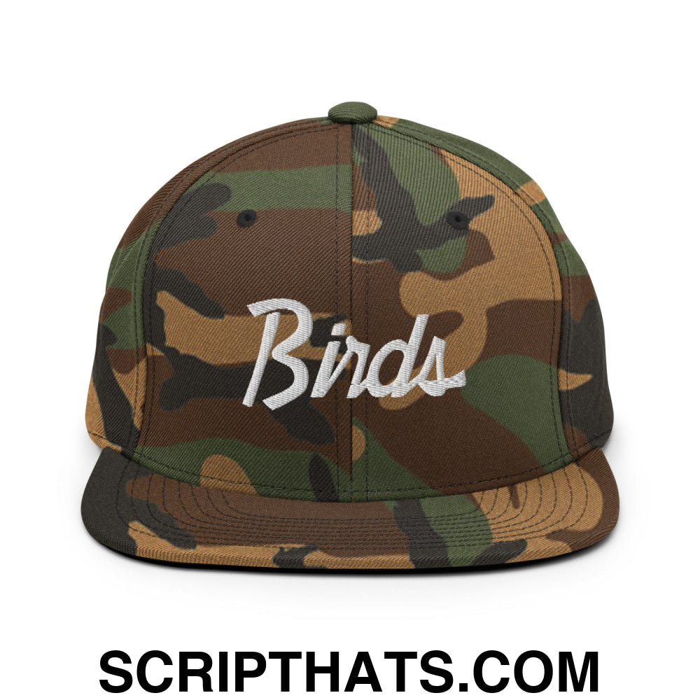 Birds Vintage Sports Script Embroidered Flat Bill Brim Snapback Hat Green Camo