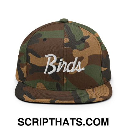 Birds Vintage Sports Script Embroidered Flat Bill Brim Snapback Hat Green Camo