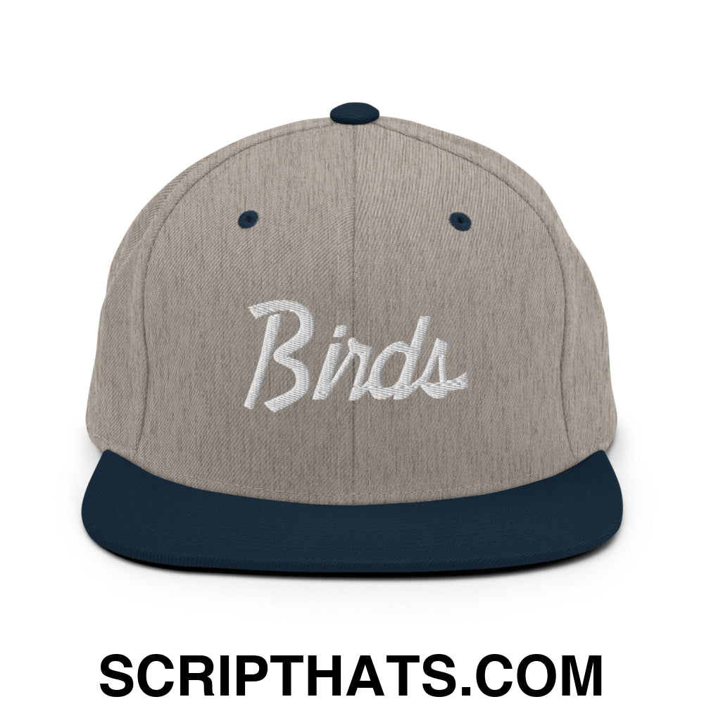 Birds Vintage Sports Script Embroidered Flat Bill Brim Snapback Hat Heather Grey Navy