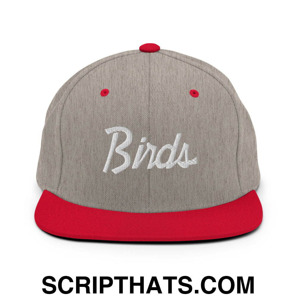 Birds Vintage Sports Script Embroidered Flat Bill Brim Snapback Hat Heather Grey Red