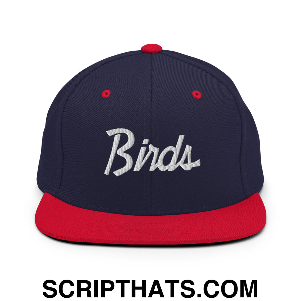 Birds Vintage Sports Script Embroidered Flat Bill Brim Snapback Hat Navy Red