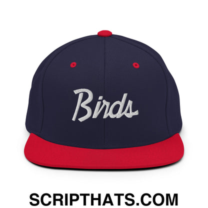 Birds Vintage Sports Script Embroidered Flat Bill Brim Snapback Hat Navy Red