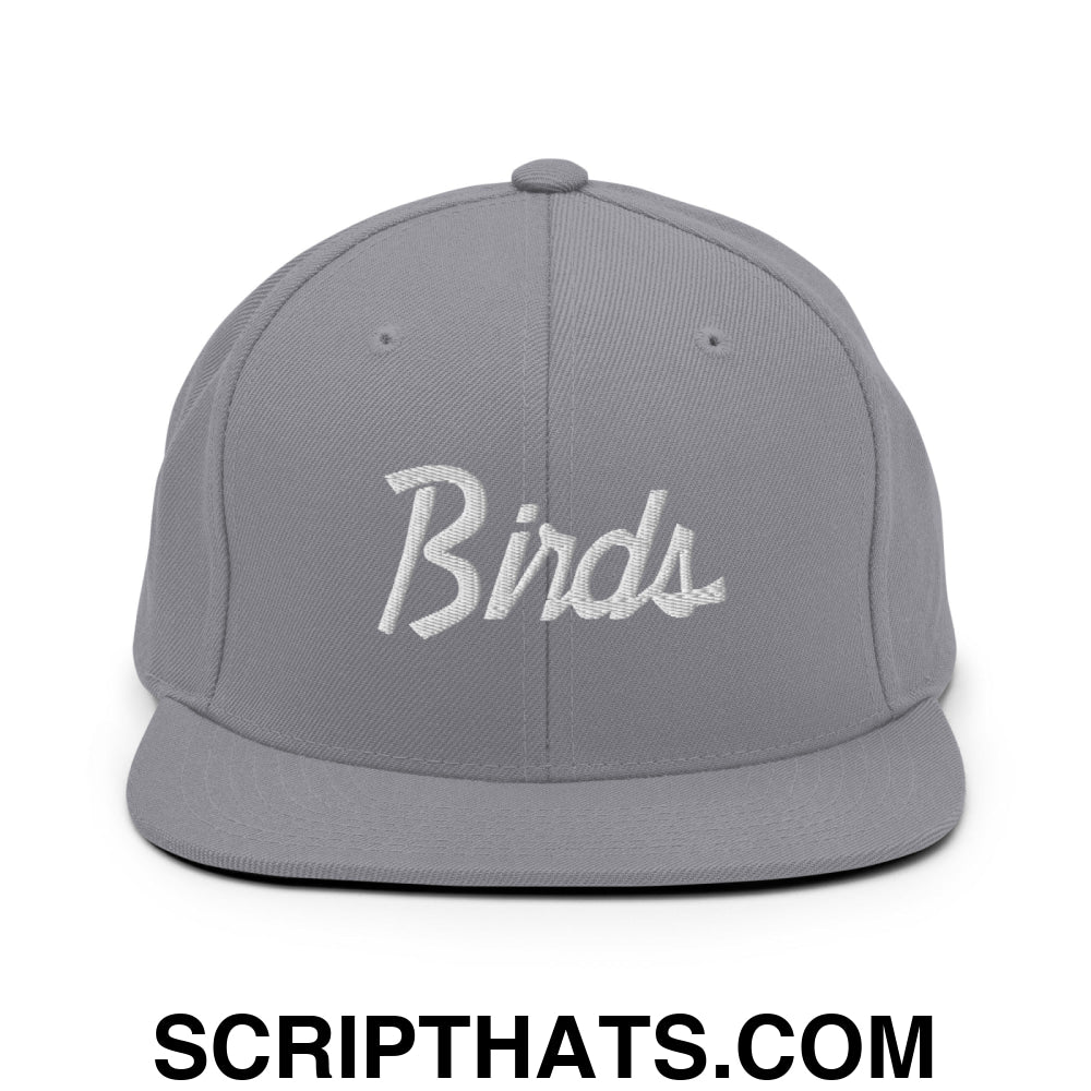 Birds Vintage Sports Script Embroidered Flat Bill Brim Snapback Hat Silver