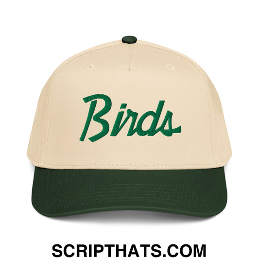 Beige and dark green baseball snapback hat with birds embroidered in cursive vintage sports script design