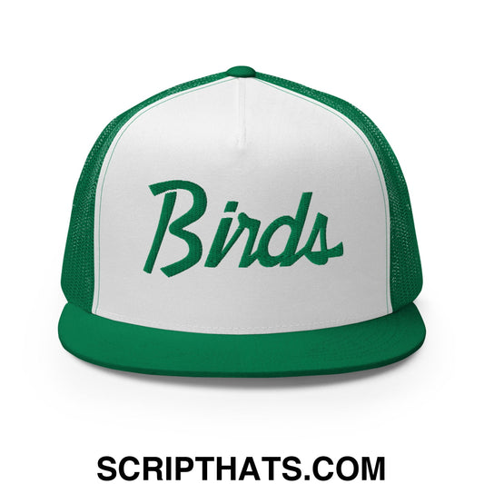 Green and white mesh trucker hat with birds embroidered in cursive script and flat bill brim for vintage sports style