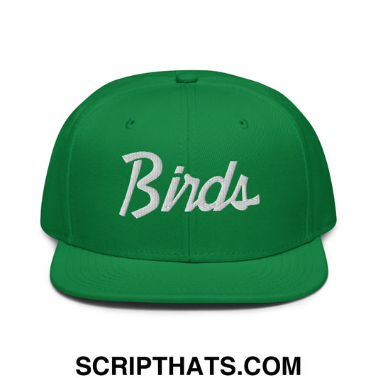 Green snapback cap with white embroidered birds vintage sports script on flat bill brim for football fans