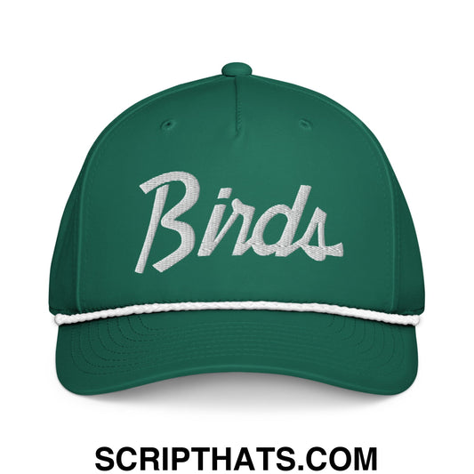 Green baseball cap with white embroidered birds script and contrasting stitched brim vintage sports rope hat