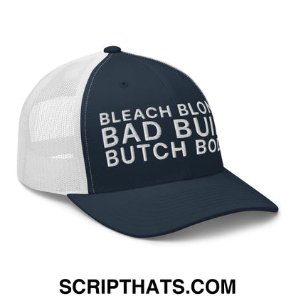 Bleach Blonde Bad Built Butch Body Dad Retro Trucker Hat Navy White