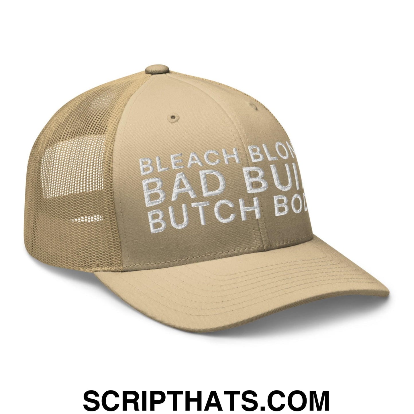 Bleach Blonde Bad Built Butch Body Dad Retro Trucker Hat Khaki