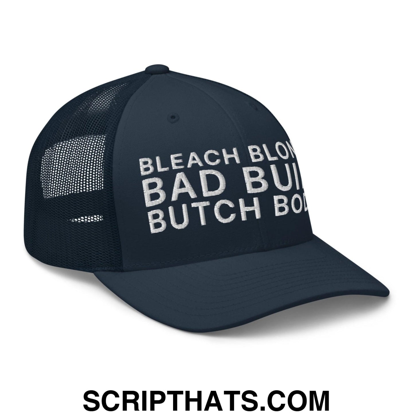 Bleach Blonde Bad Built Butch Body Dad Retro Trucker Hat Navy