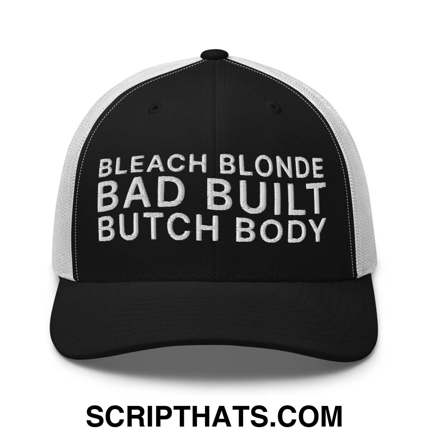 Bleach Blonde Bad Built Butch Body Dad Retro Trucker Hat Black White
