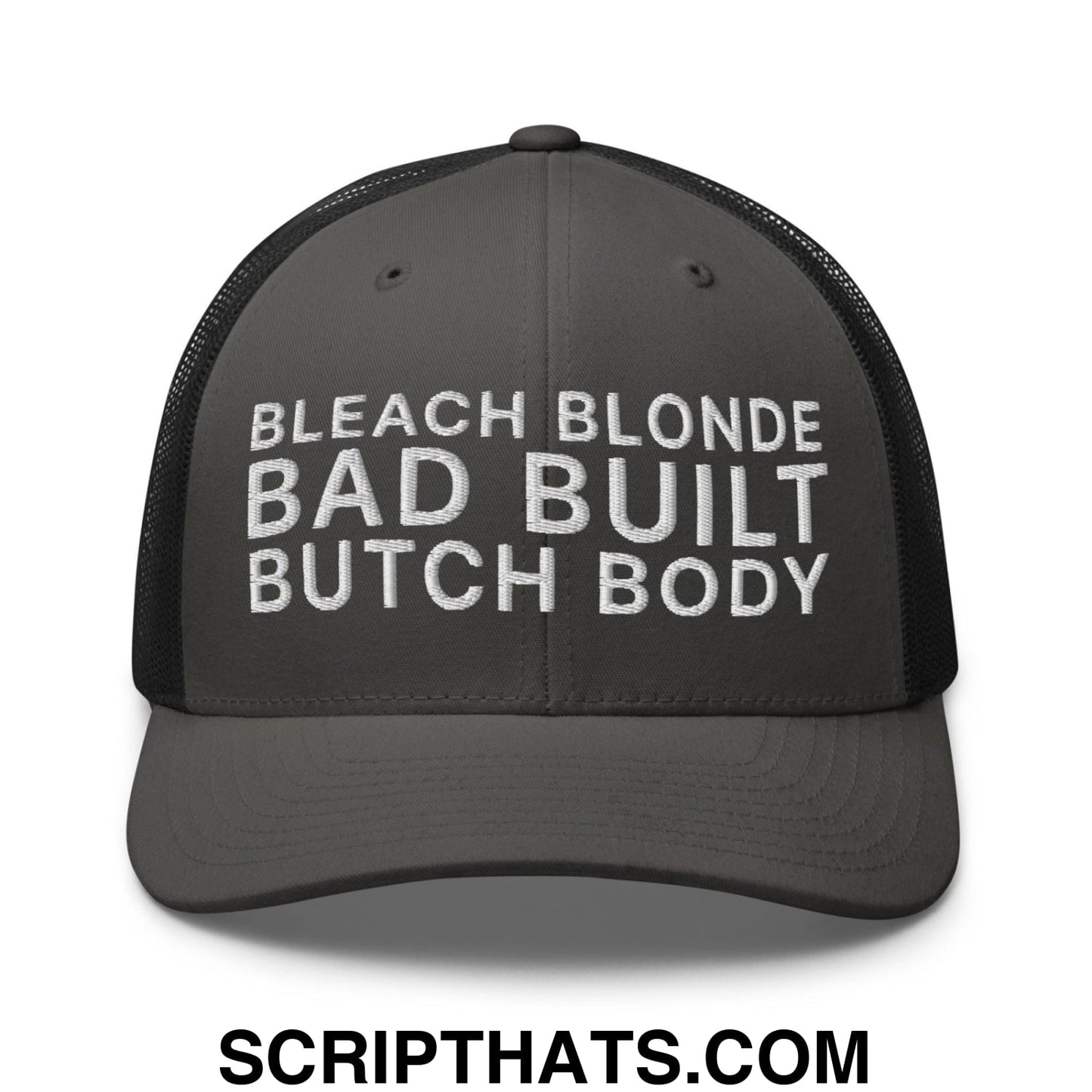 Bleach Blonde Bad Built Butch Body Dad Retro Trucker Hat Charcoal Black