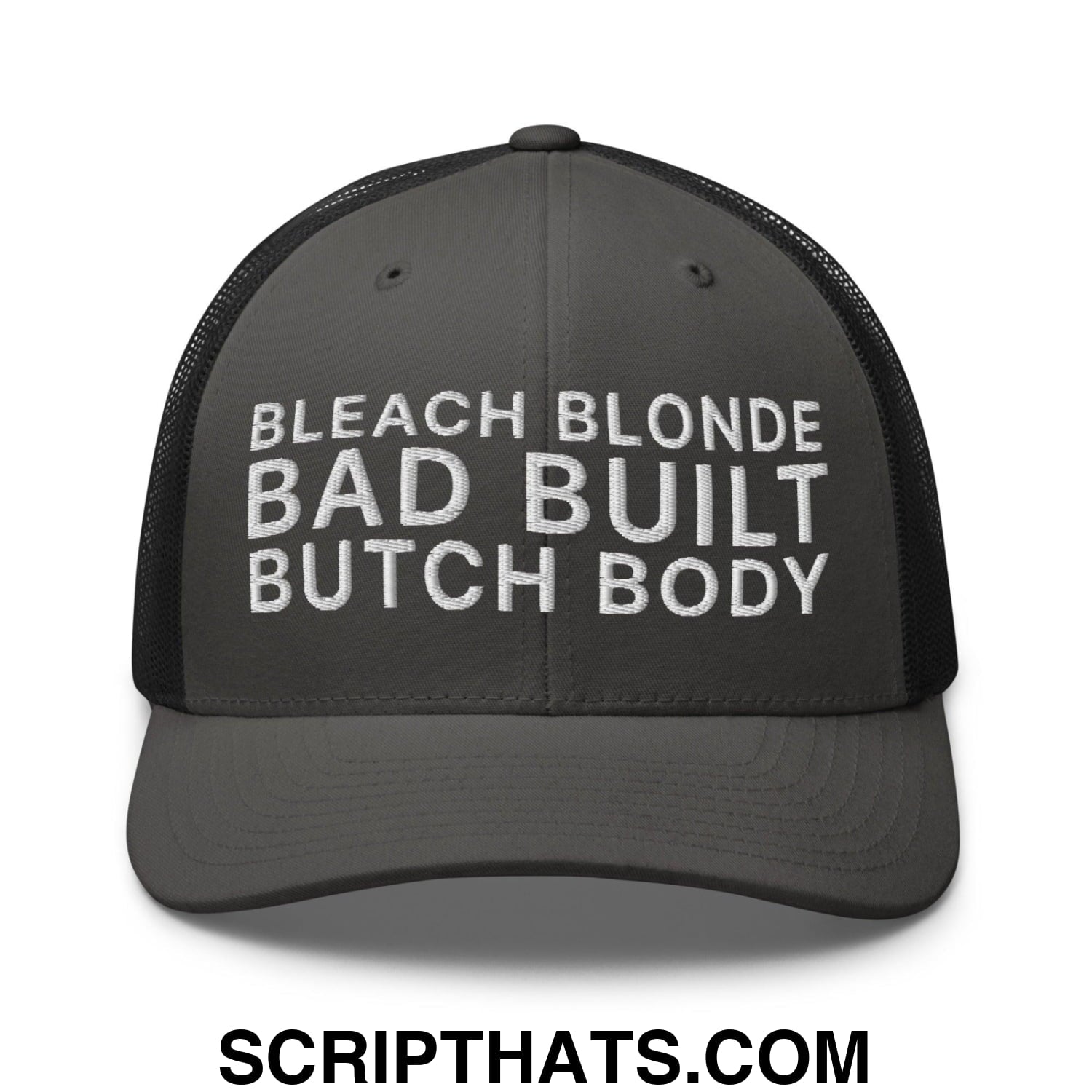 Bleach Blonde Bad Built Butch Body Dad Retro Trucker Hat Charcoal Black