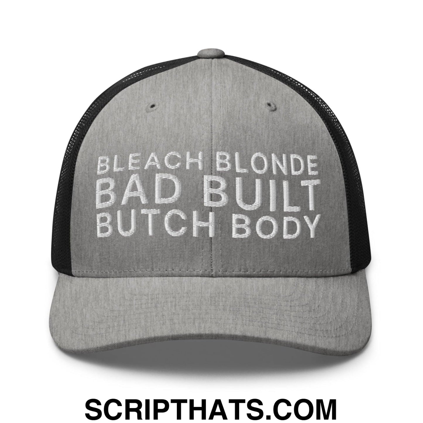 Bleach Blonde Bad Built Butch Body Dad Retro Trucker Hat Heather Black