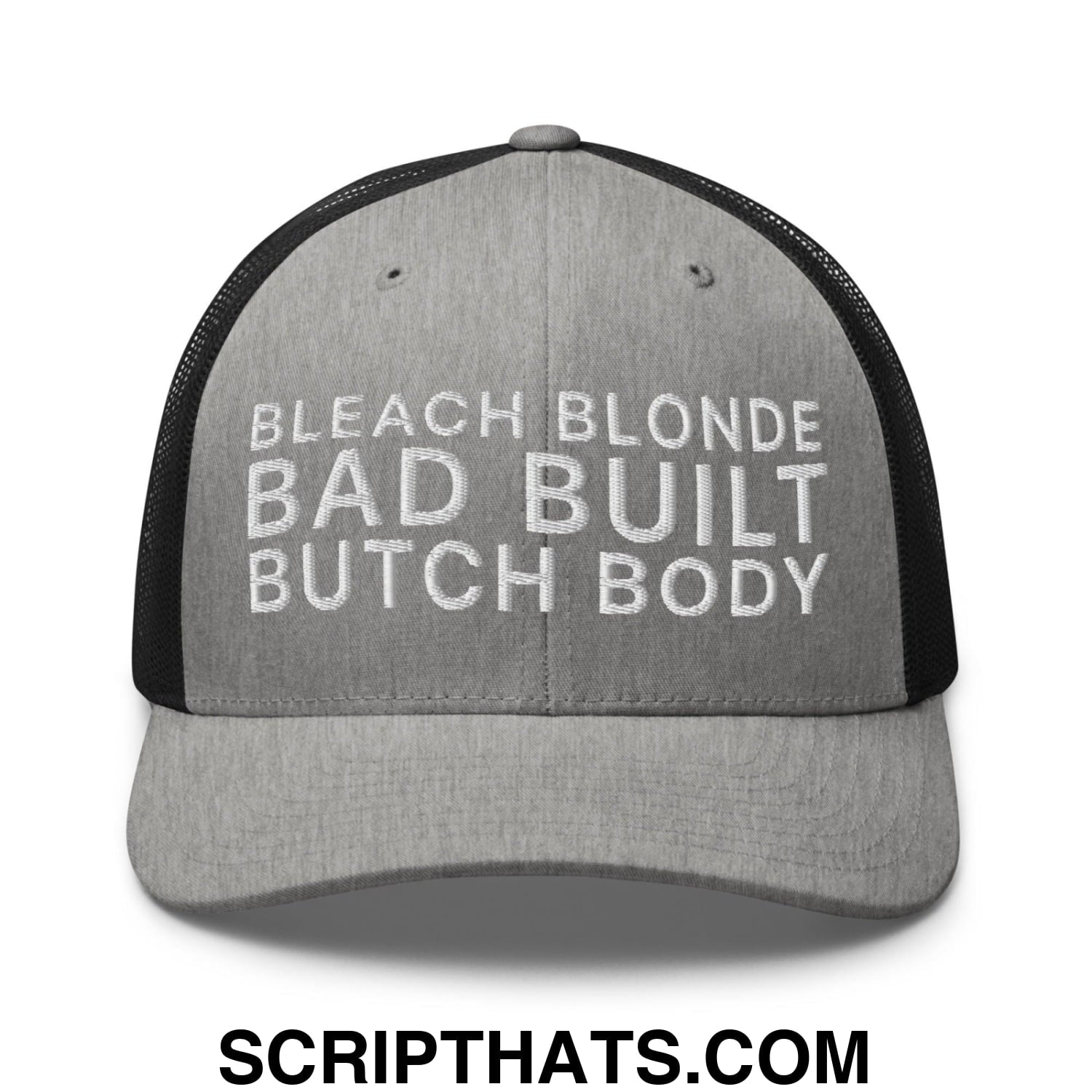 Bleach Blonde Bad Built Butch Body Dad Retro Trucker Hat Heather Black