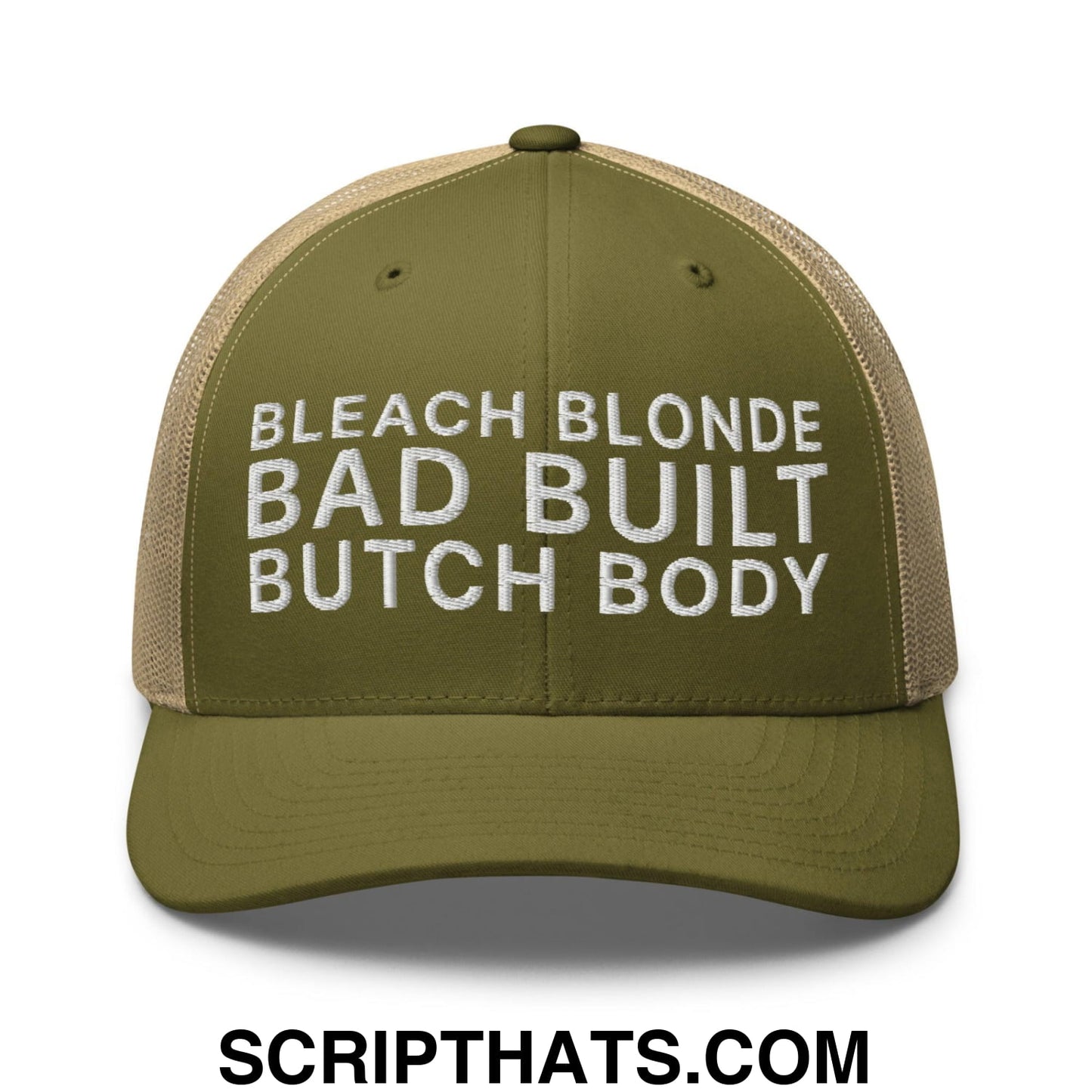 Bleach Blonde Bad Built Butch Body Dad Retro Trucker Hat Moss Khaki