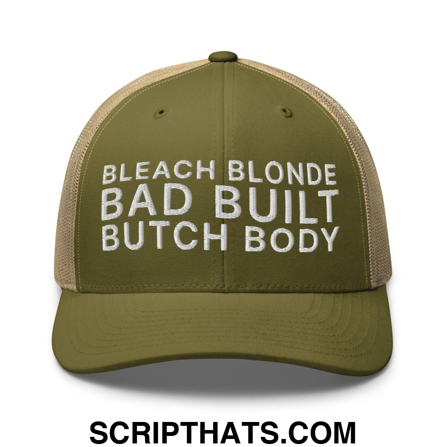 Bleach Blonde Bad Built Butch Body Dad Retro Trucker Hat Moss Khaki