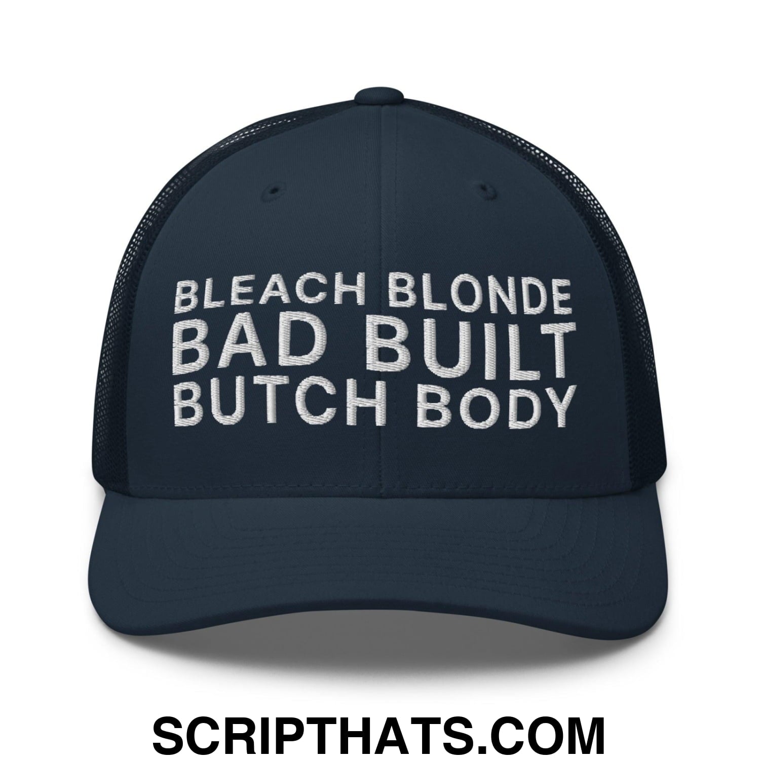 Bleach Blonde Bad Built Butch Body Dad Retro Trucker Hat Navy